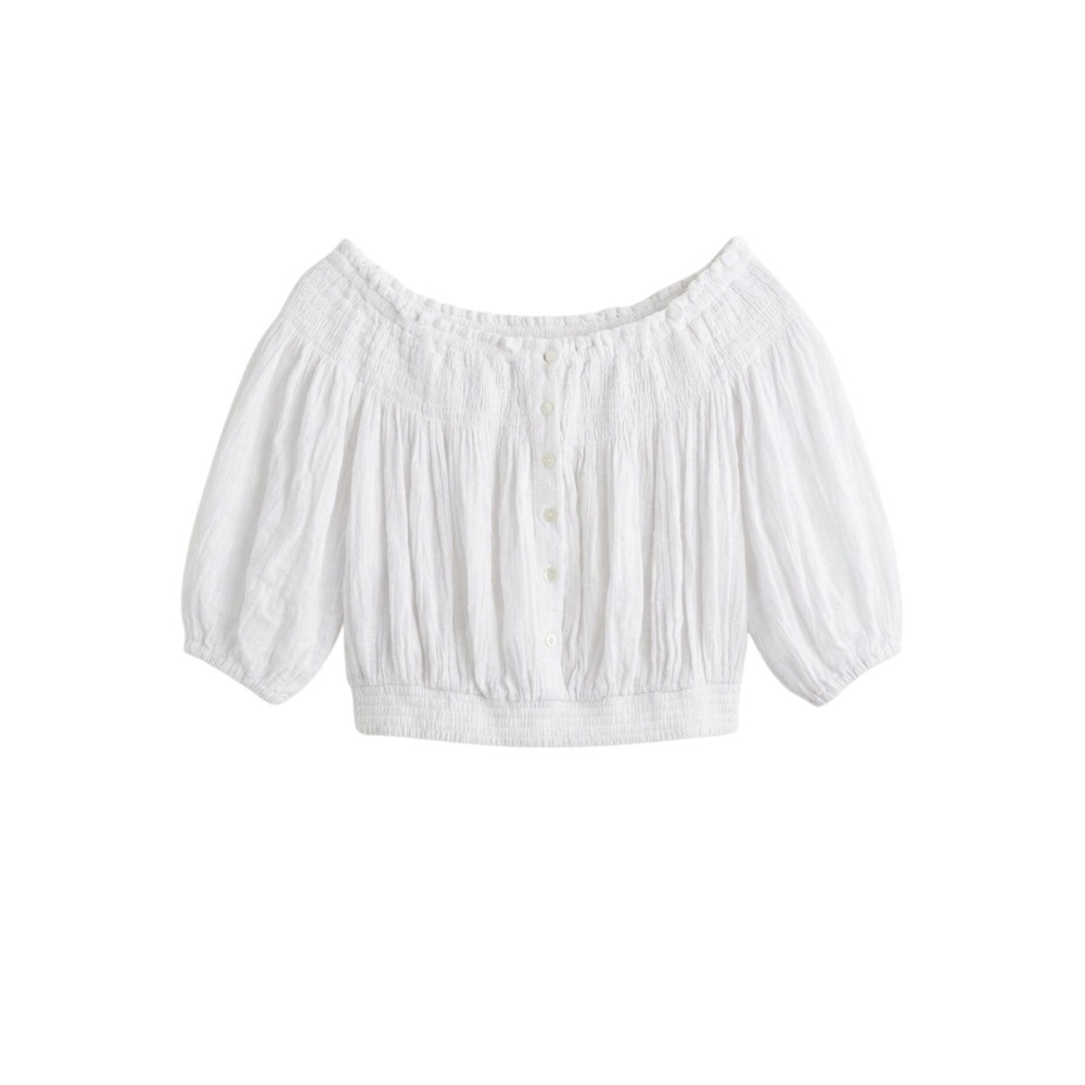We The Free Crop Top Womens XS White Gauze Smocked Off Shoulder Button Front